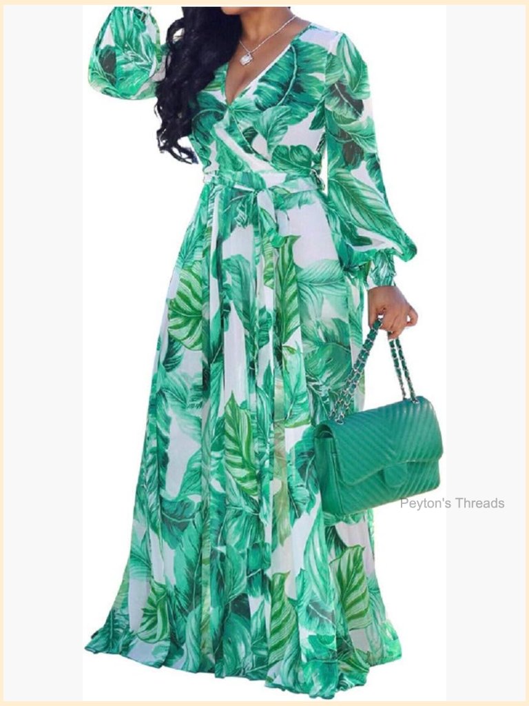 Chiffon Maxi Dress Flowy Floral Printed V-Neck Long Sleeve